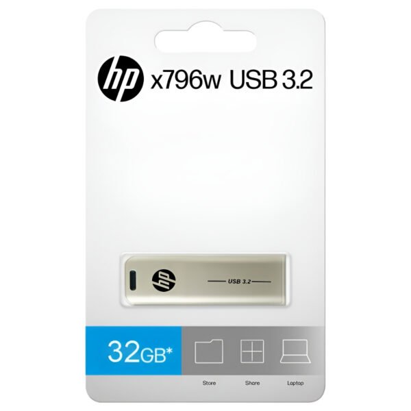 HP x796w USB 3.2 flash drive with high-speed metal slide design, available in 32GB, 64GB, and 128GB storage options for fast and reliable data transfer.