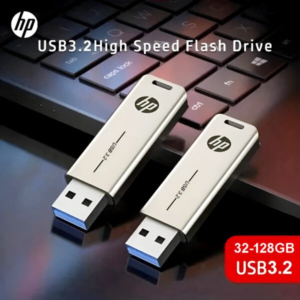 HP x796w USB 3.2 flash drive with high-speed metal slide design, available in 32GB, 64GB, and 128GB storage options for fast and reliable data transfer.