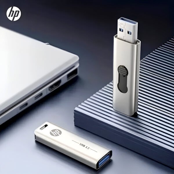 HP x796w USB 3.2 flash drive with high-speed metal slide design, available in 32GB, 64GB, and 128GB storage options for fast and reliable data transfer.
