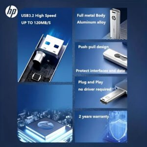 HP x796w USB 3.2 flash drive with high-speed metal slide design, available in 32GB, 64GB, and 128GB storage options for fast and reliable data transfer.