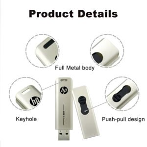 HP x796w USB 3.2 flash drive with high-speed metal slide design, available in 32GB, 64GB, and 128GB storage options for fast and reliable data transfer.