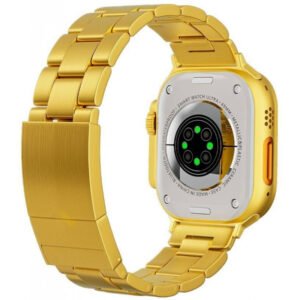 M9 Ultra Max Gold Edition luxury smartwatch with stainless steel design, heart rate monitoring, and advanced health tracking features, perfect for sports and daily use.
