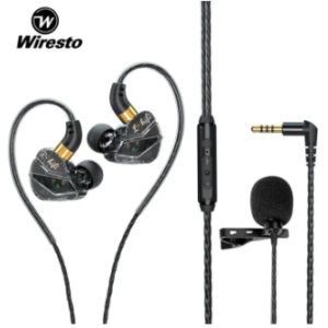 Wiresto wired in-ear earbuds with microphone, Hi-Fi sound quality, and noise-canceling feature, perfect for calls and broadcasts.