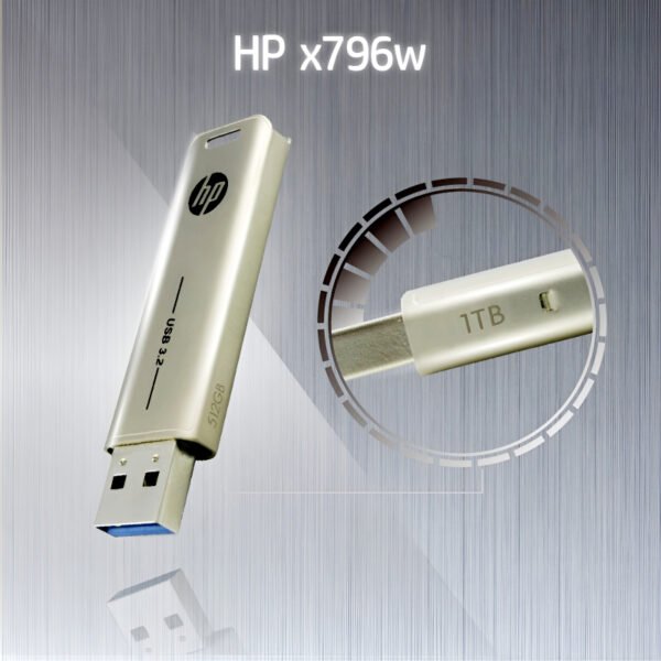 HP x796w USB 3.2 flash drive with high-speed metal slide design, available in 32GB, 64GB, and 128GB storage options for fast and reliable data transfer.