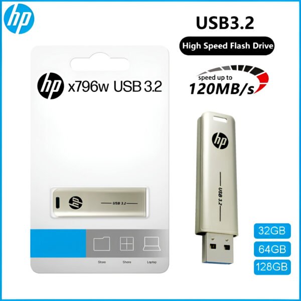 HP x796w USB 3.2 flash drive with high-speed metal slide design, available in 32GB, 64GB, and 128GB storage options for fast and reliable data transfer.